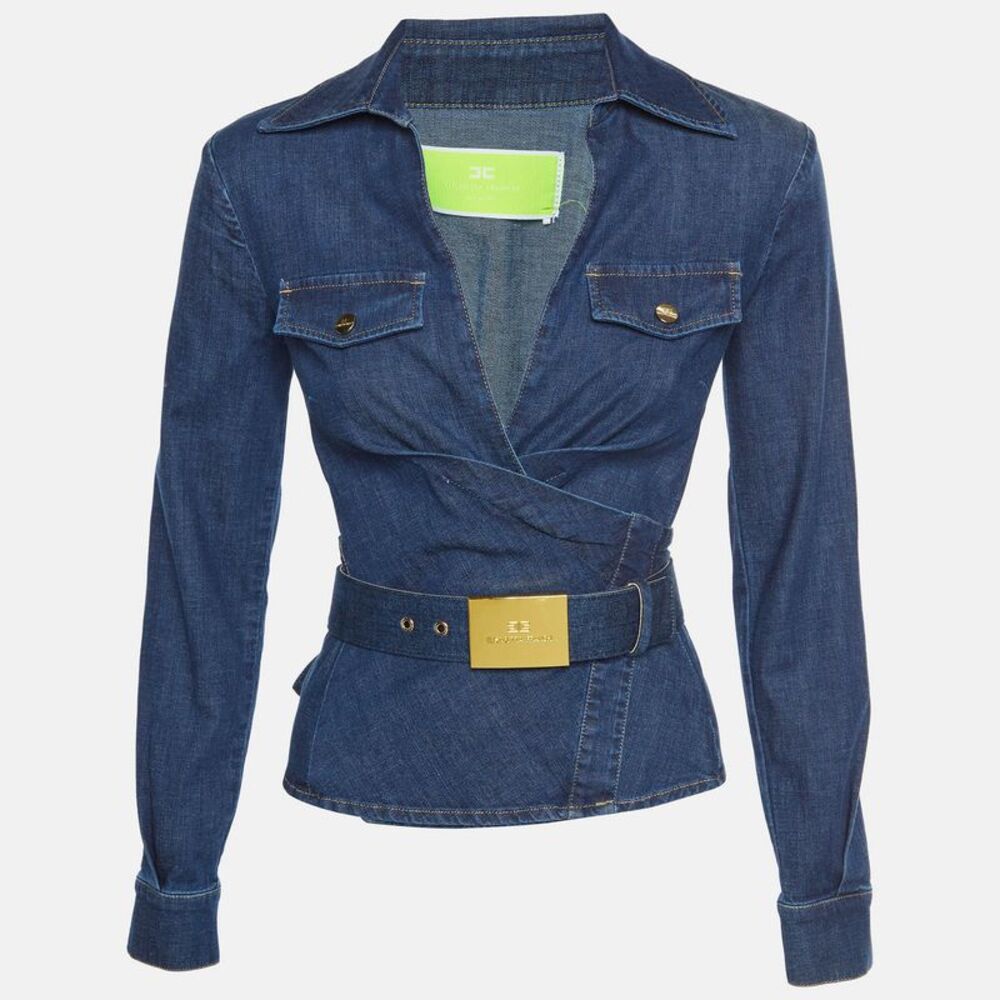 Elisabetta Franchi Blue Denim Tie Shirt S
